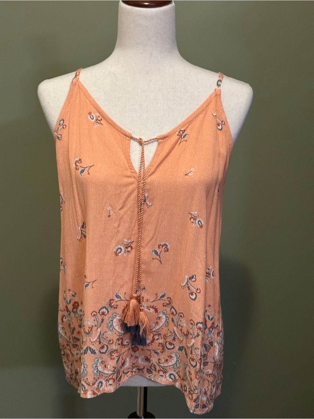 Peach Floral Tassel Spaghetti-Strap Tank Top
